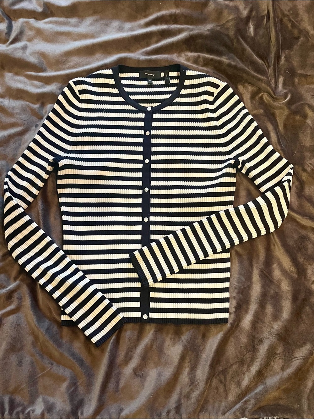 Theory Black and White Striped Button-Front Cardigan